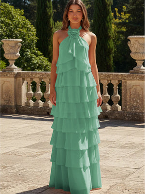 Chiffon 3D Flowers Halter Tiered Ruffles Bridesmaid Dresses