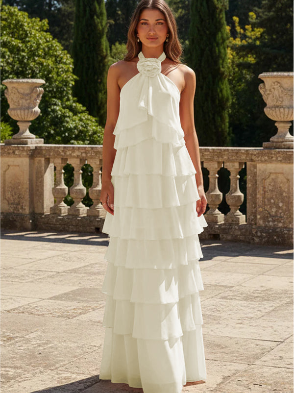 Chiffon 3D Flowers Halter Tiered Ruffles Bridesmaid Dresses