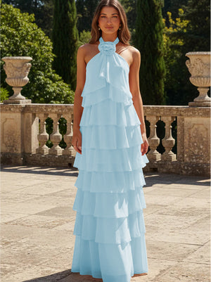 Chiffon 3D Flowers Halter Tiered Ruffles Bridesmaid Dresses