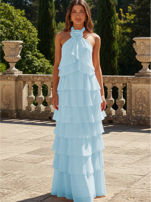 Chiffon 3D Flowers Halter Tiered Ruffles Bridesmaid Dresses