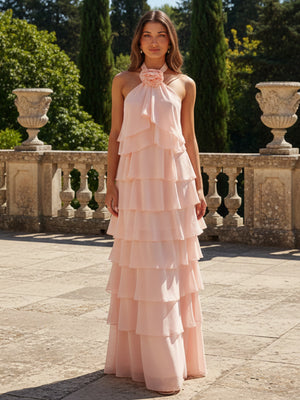 Chiffon 3D Flowers Halter Tiered Ruffles Bridesmaid Dresses