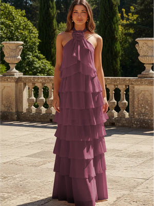 Chiffon 3D Flowers Halter Tiered Ruffles Bridesmaid Dresses