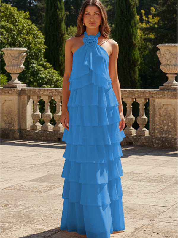 Chiffon 3D Flowers Halter Tiered Ruffles Bridesmaid Dresses