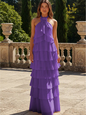 Chiffon 3D Flowers Halter Tiered Ruffles Bridesmaid Dresses