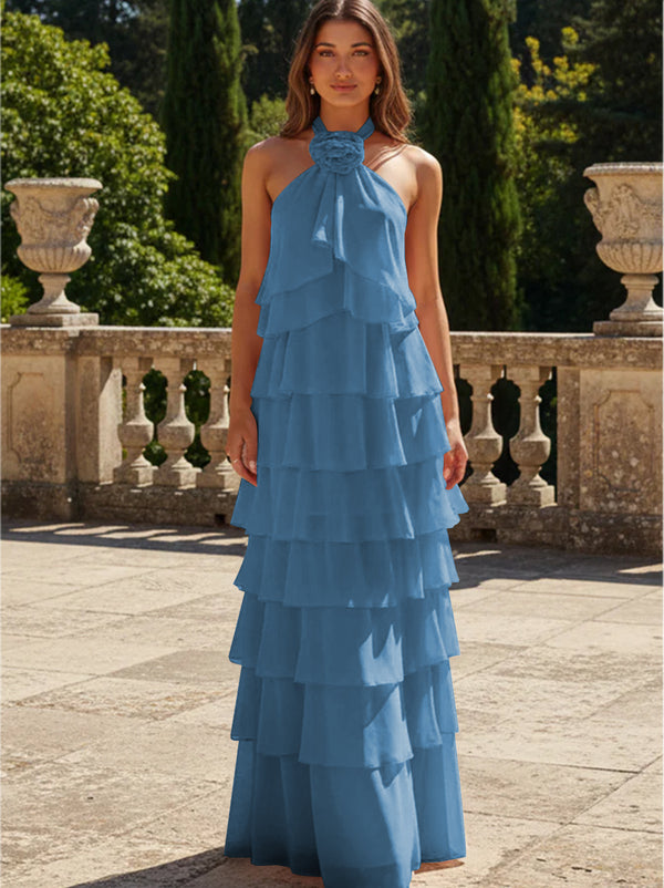 Chiffon 3D Flowers Halter Tiered Ruffles Bridesmaid Dresses