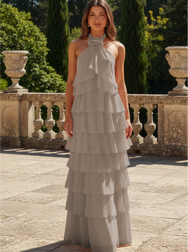 Chiffon 3D Flowers Halter Tiered Ruffles Bridesmaid Dresses