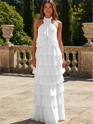 Chiffon 3D Flowers Halter Tiered Ruffles Bridesmaid Dresses