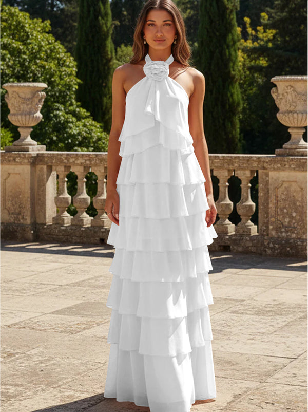 Chiffon 3D Flowers Halter Tiered Ruffles Bridesmaid Dresses