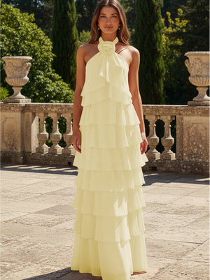 Chiffon 3D Flowers Halter Tiered Ruffles Bridesmaid Dresses