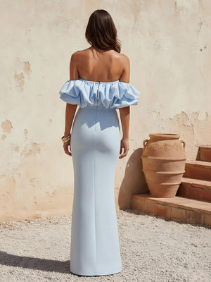 Satin Strapless Ruffles Long Mermaid Wedding Guest Dresses