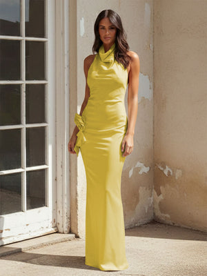 Satin Halter Pleated Long Mermaid Bridesmaid Dresses