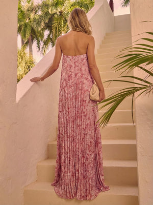 Strapless Pleated Floral A Line Wedding Guest Dresses