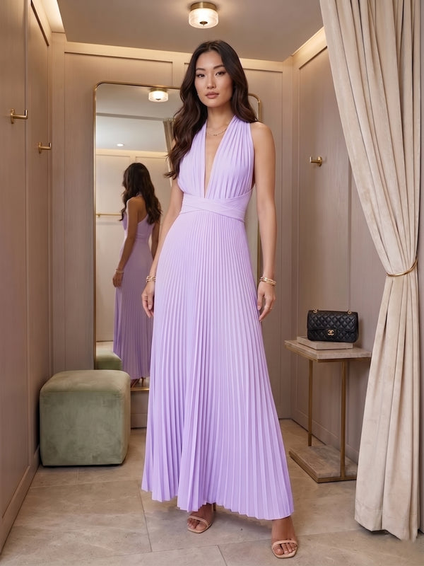 Halter Satin Pleats A Line Formal Dresses