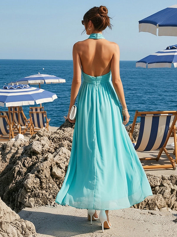 Halter Chiffon Open Back Wedding Guest Dresses