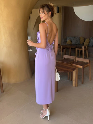 3D Flower Spaghetti Straps V Neck Wedding Guest Dresses