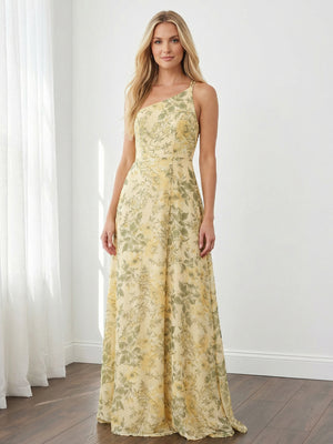 Spring Floral Chiffon One Shoulder Long Wedding Guest Dresses