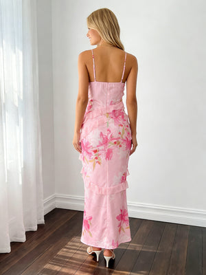 Spring Floral Chiffon V Neck Long Bridesmaid Dresses with Ruffles