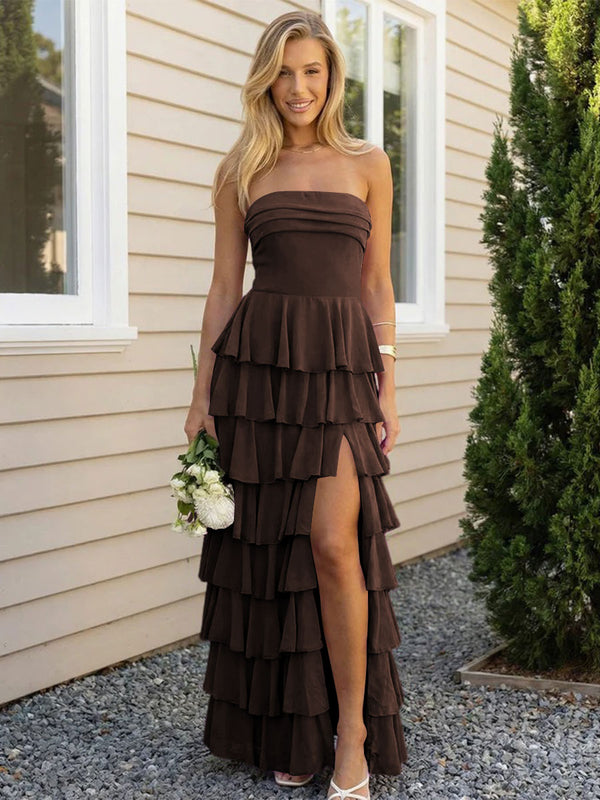 Chiffon Strapless Tiered Long Bridesmaid Dresses with Slit