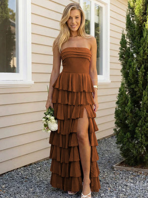 Chiffon Strapless Tiered Long Bridesmaid Dresses with Slit