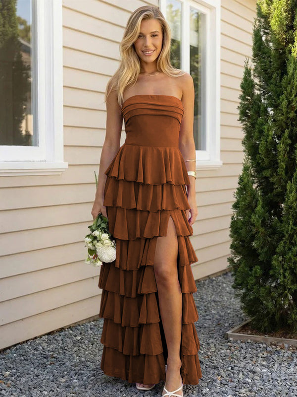 Chiffon Strapless Tiered Long Bridesmaid Dresses with Slit