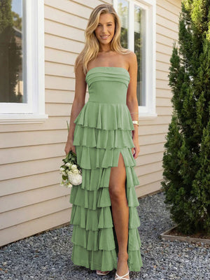 Chiffon Strapless Tiered Long Bridesmaid Dresses with Slit