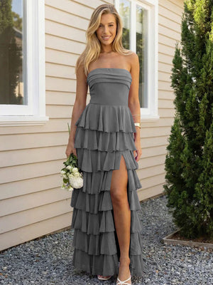 Chiffon Strapless Tiered Long Bridesmaid Dresses with Slit