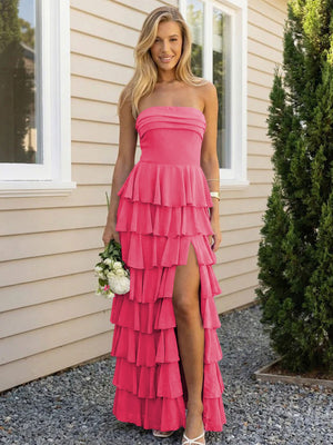 Chiffon Strapless Tiered Long Bridesmaid Dresses with Slit