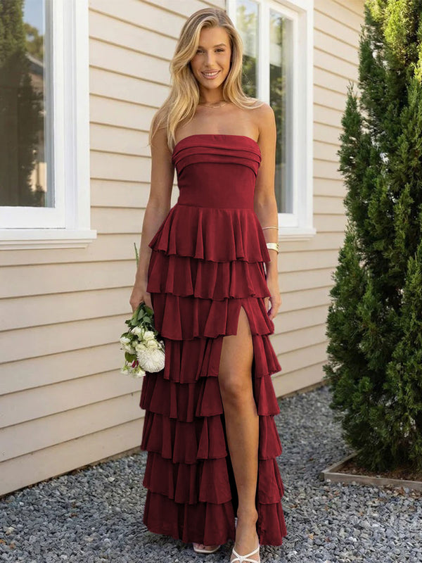 Chiffon Strapless Tiered Long Bridesmaid Dresses with Slit
