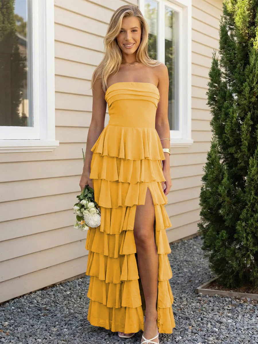 Chiffon Strapless Tiered Long Bridesmaid Dresses with Slit
