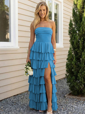 Chiffon Strapless Tiered Long Bridesmaid Dresses with Slit