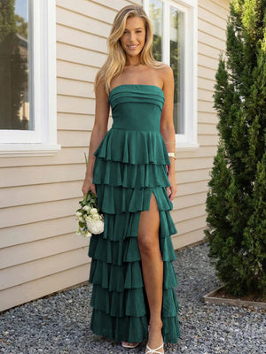 Chiffon Strapless Tiered Long Bridesmaid Dresses with Slit