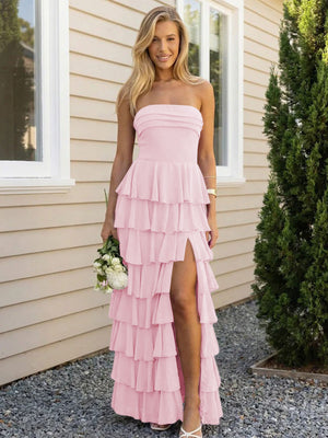 Chiffon Strapless Tiered Long Bridesmaid Dresses with Slit