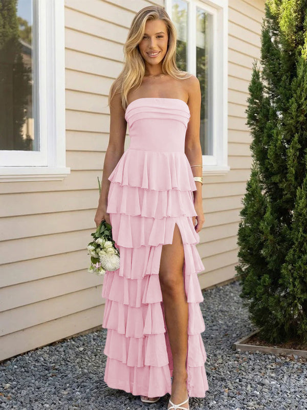 Chiffon Strapless Tiered Long Bridesmaid Dresses with Slit