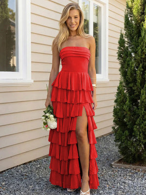 Chiffon Strapless Tiered Long Bridesmaid Dresses with Slit