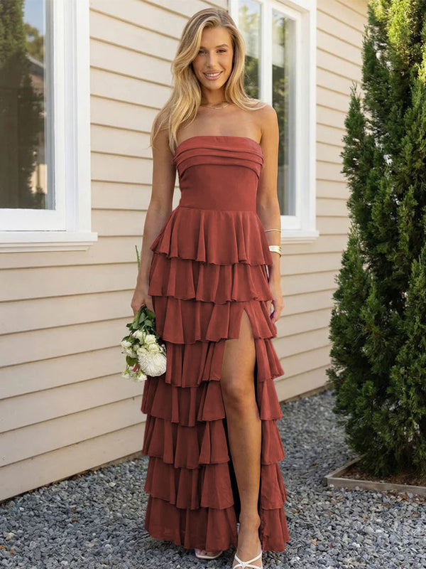 Chiffon Strapless Tiered Long Bridesmaid Dresses with Slit