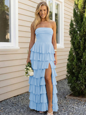 Chiffon Strapless Tiered Long Bridesmaid Dresses with Slit