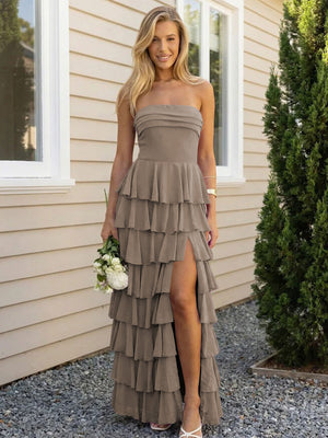 Chiffon Strapless Tiered Long Bridesmaid Dresses with Slit