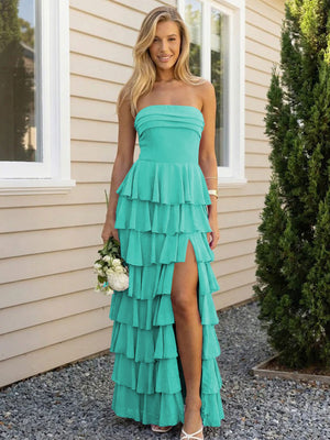 Chiffon Strapless Tiered Long Bridesmaid Dresses with Slit