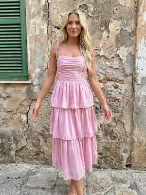Chiffon Spaghetti Straps Formal Dresses with Tiered Midi Party Dress