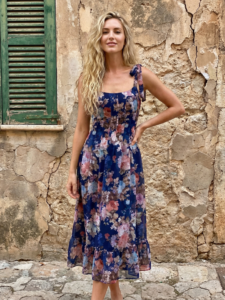 Chiffon Floral Spaghetti Straps Long Bridesmaid Dresses for Wedding Guest