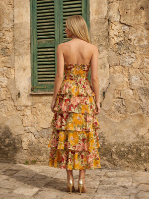 Chiffon Floral Strapless Tiered Wedding Guest Dresses