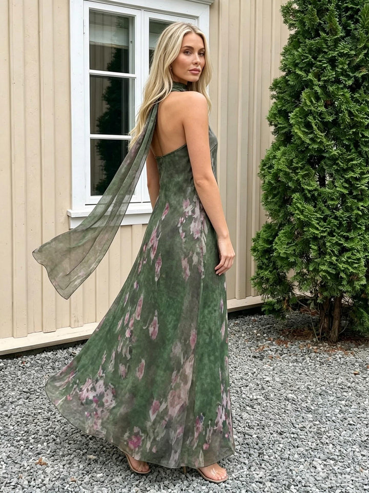 Chiffon Floral Halter Long Wedding Guest Dresses with Scarf