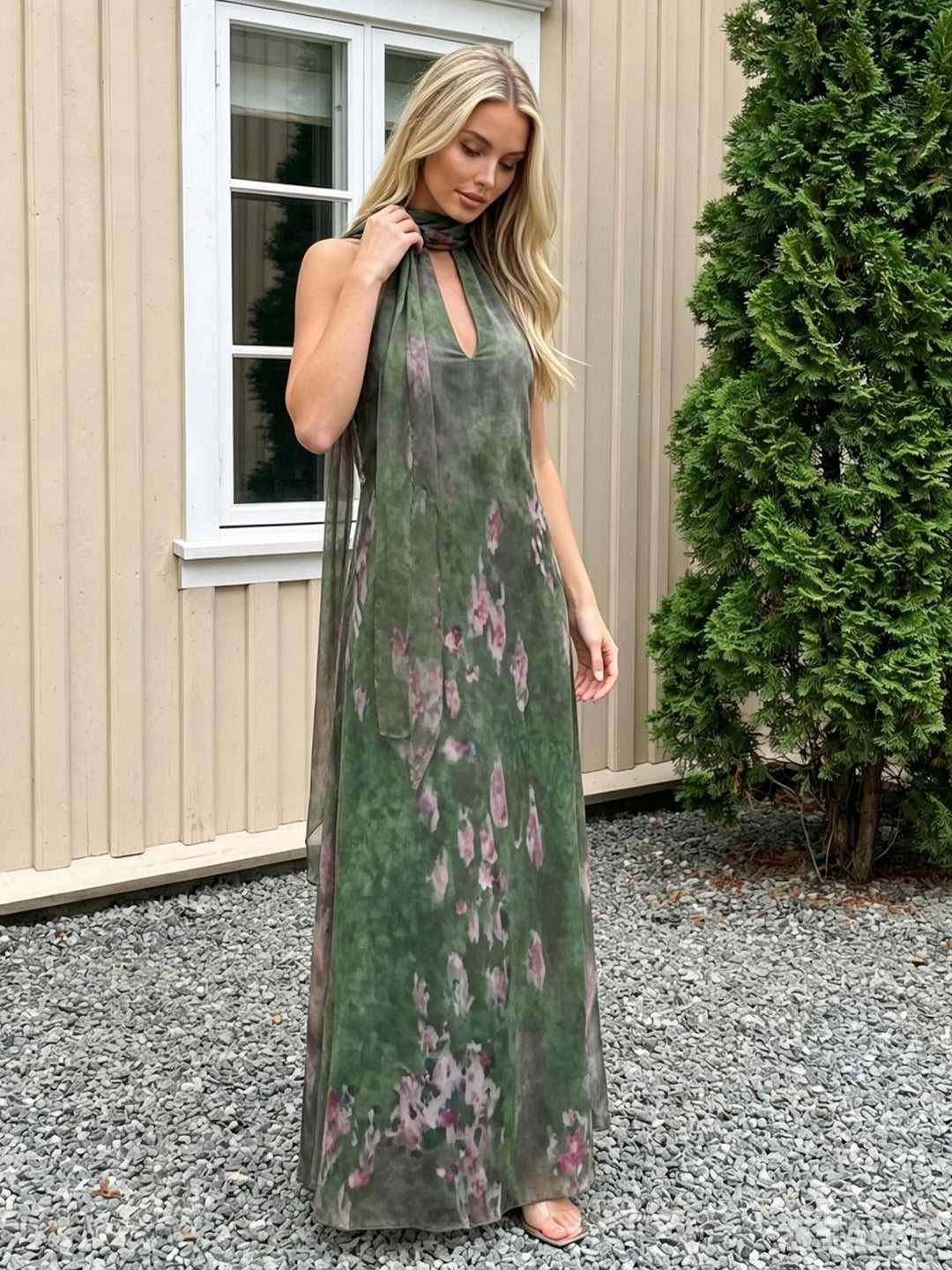 Chiffon Floral Halter Long Wedding Guest Dresses with Scarf