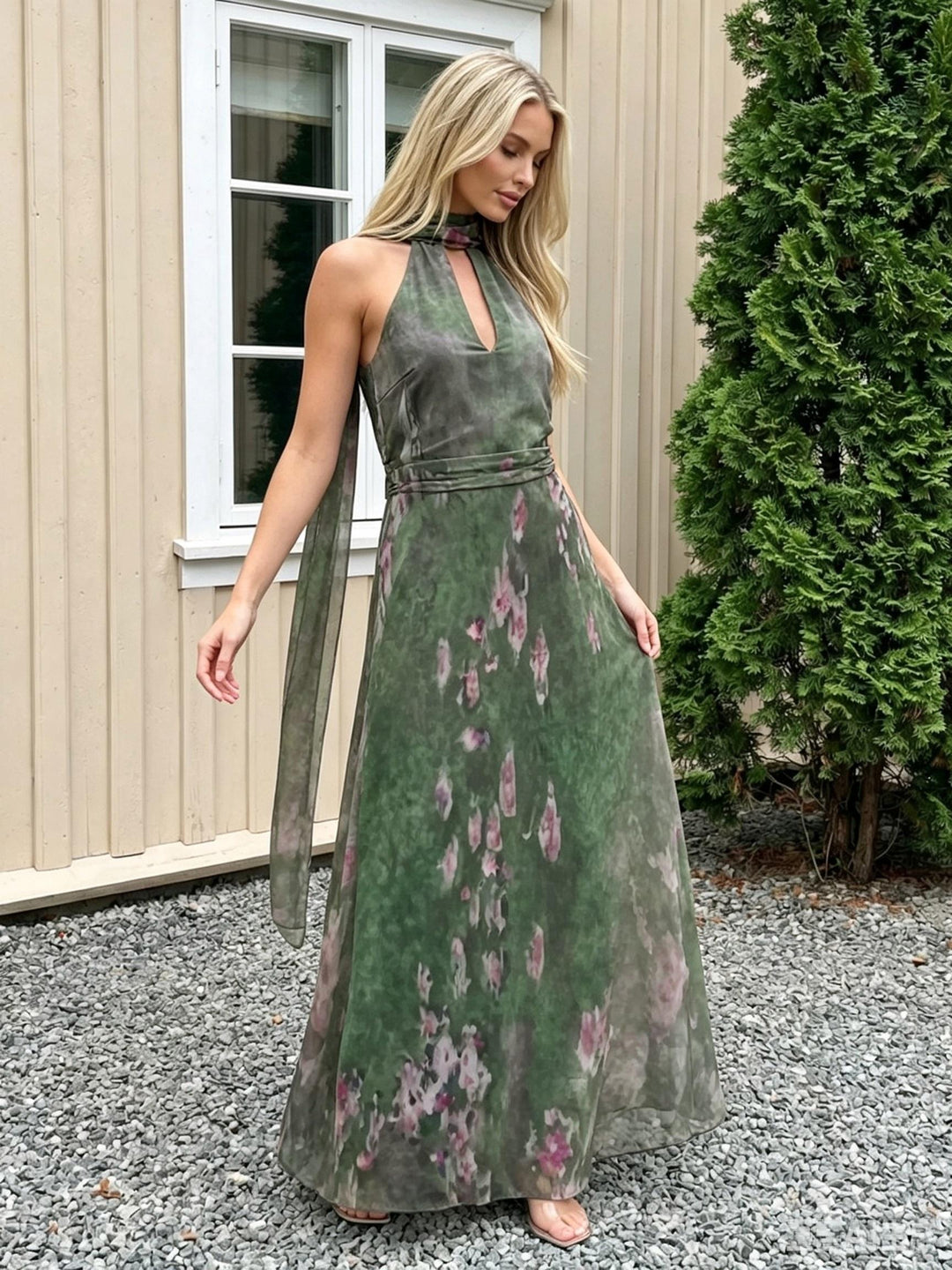 Chiffon Floral Halter Long Wedding Guest Dresses with Scarf