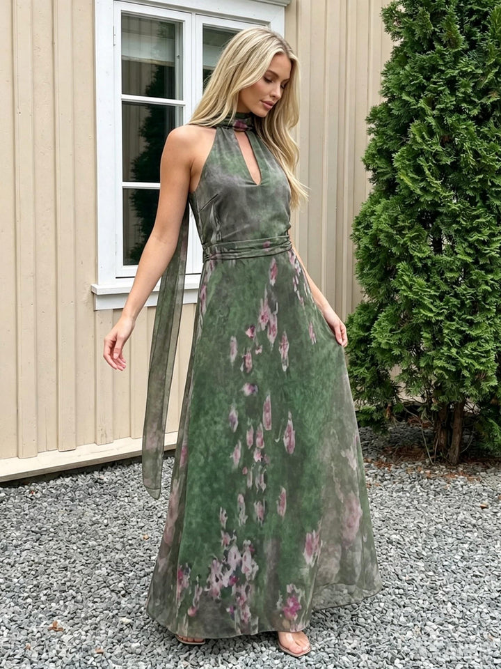 Chiffon Floral Halter Long Wedding Guest Dresses with Scarf
