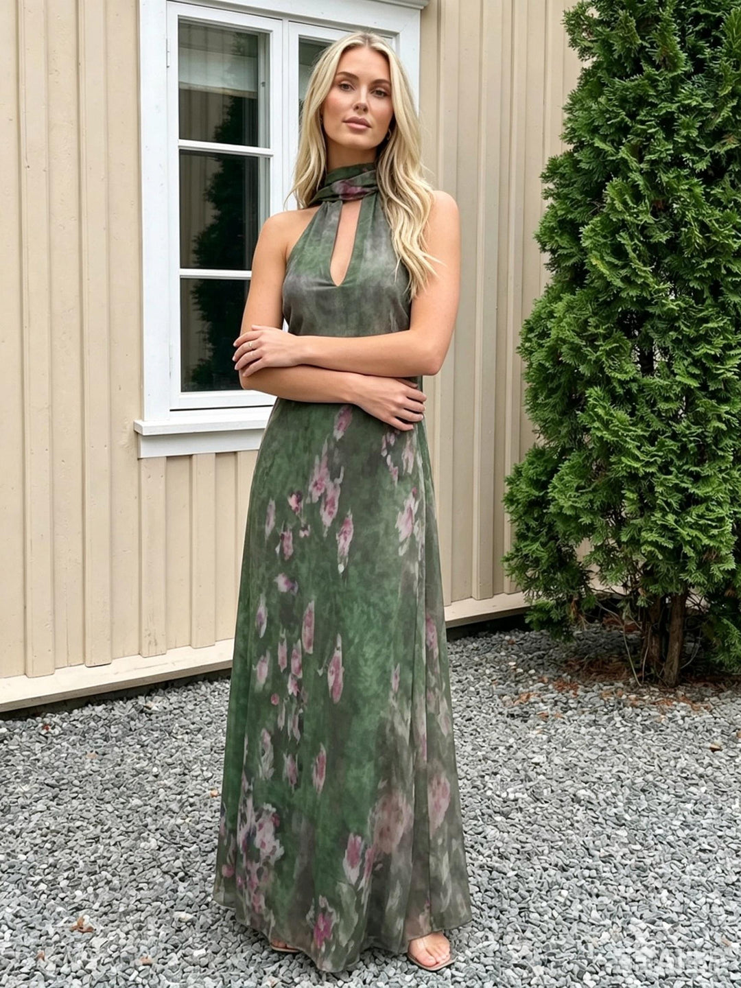Chiffon Floral Halter Long Wedding Guest Dresses with Scarf