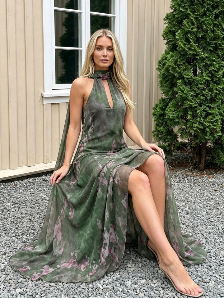 Chiffon Floral Halter Long Wedding Guest Dresses with Scarf