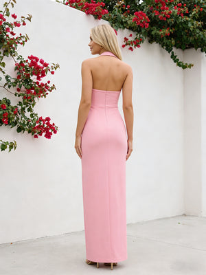 Satin Halter Bridesmaid Dresses Maxi Wedding Guest Gowns with Backless Design