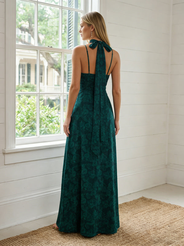 Satin Floral V Neck High Slit Bridesmaid Dresses with Scarf