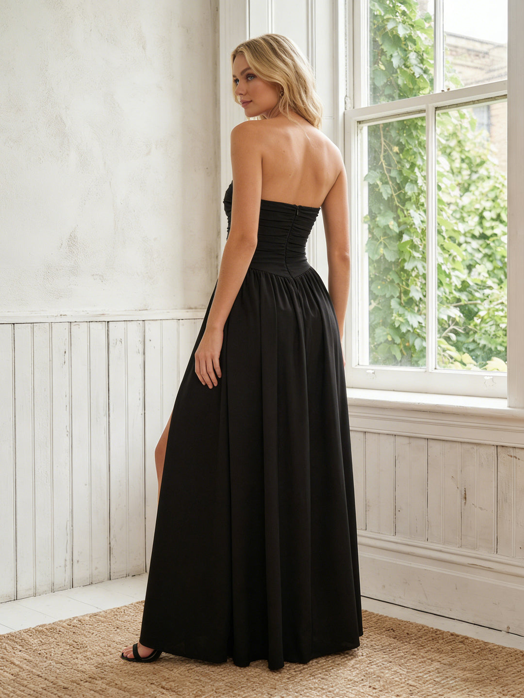 Chiffon Strapless Pleated Long Bridesmaid Dresses with Slit